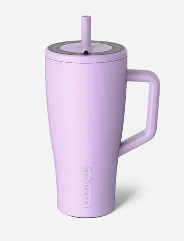 Purple insulated mug with handle and straw lid on a white background