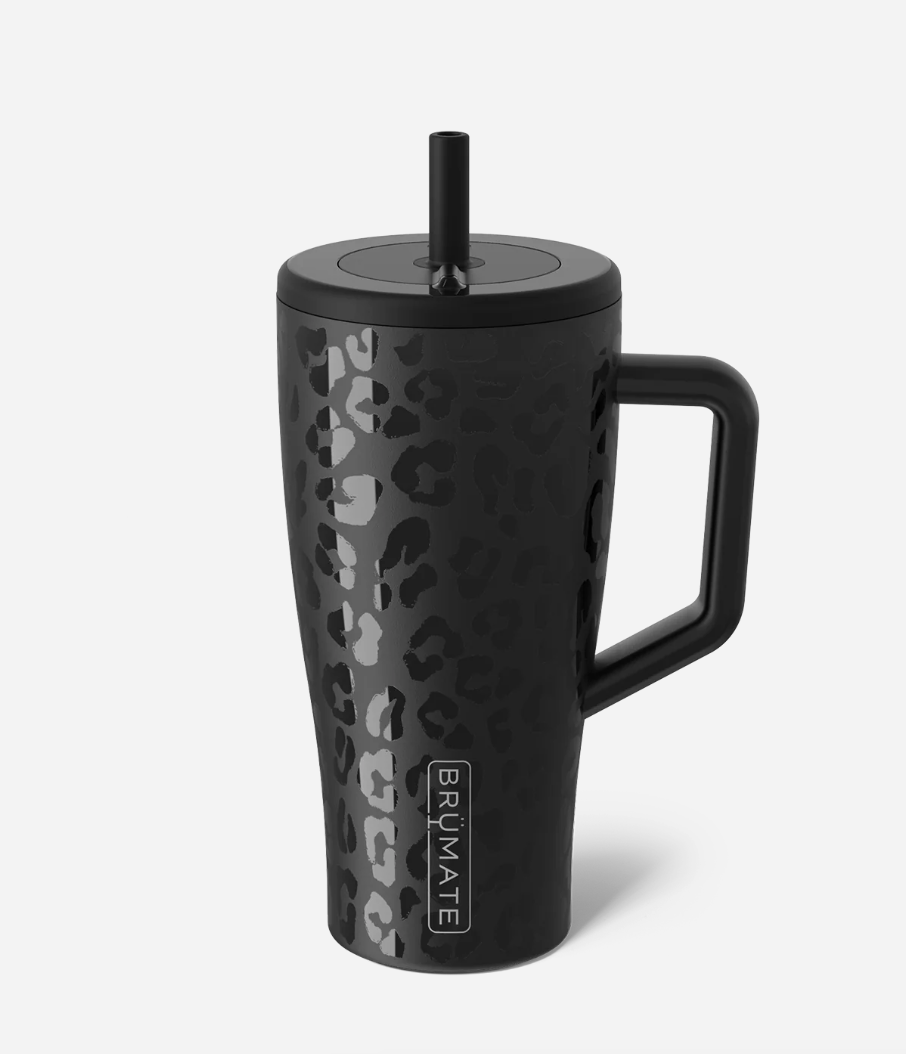 Black travel mug with leopard print pattern and handle on a white background