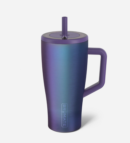 Purple insulated mug with handle and straw lid on a white background