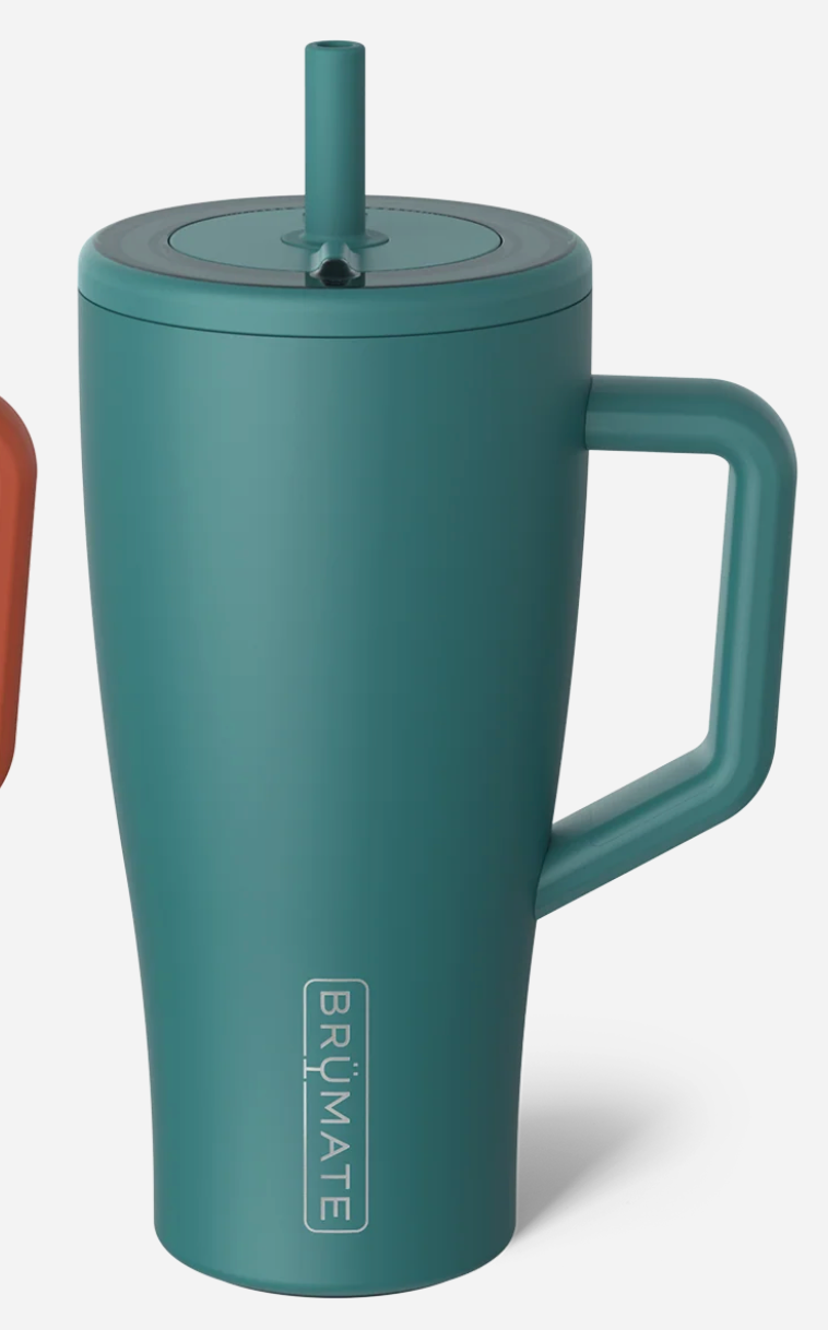 Teal insulated mug with handle and straw lid on a white background