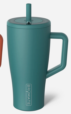 Teal insulated mug with handle and straw lid on a white background