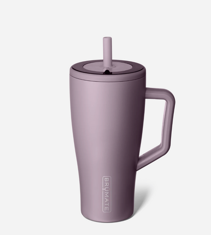 lilac mug with handle and straw lid on a white background