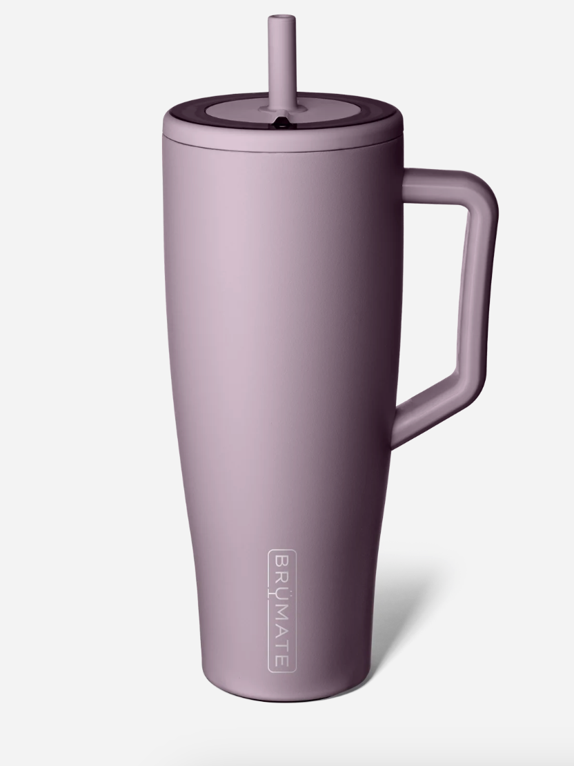 lilac insulated mug with handle and straw lid on a white background
