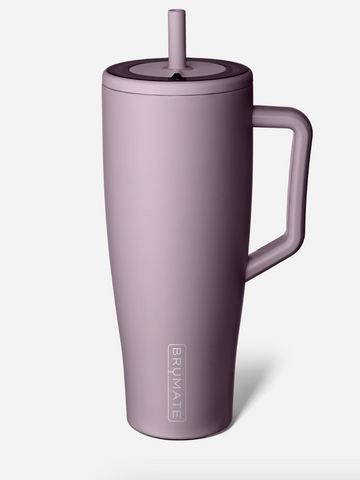 lilac insulated mug with handle and straw lid on a white background
