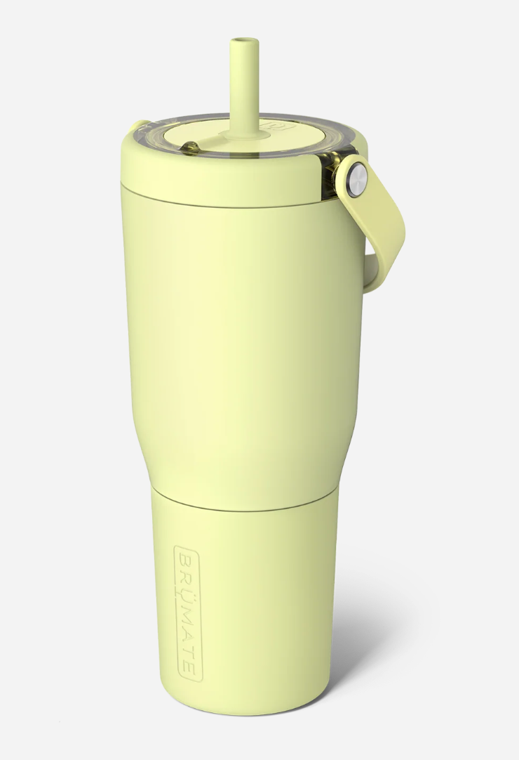 prickly pear tumbler with a straw on a white background