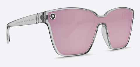 Sunglasses with pink lenses and clear frame on a white background