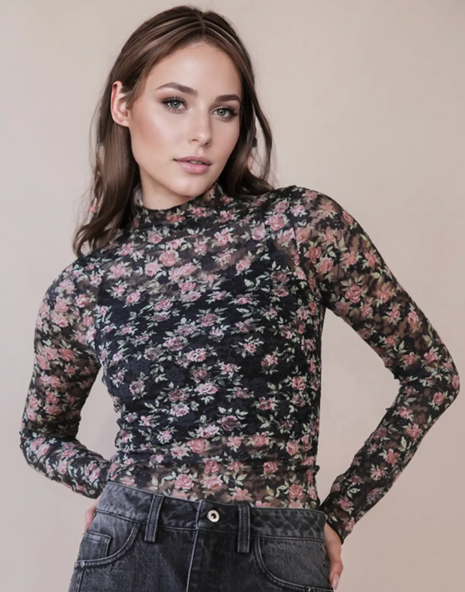 Black Floral Mesh Fitted Lace Top