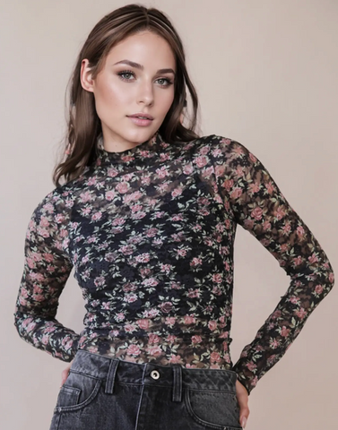 Black Floral Mesh Fitted Lace Top