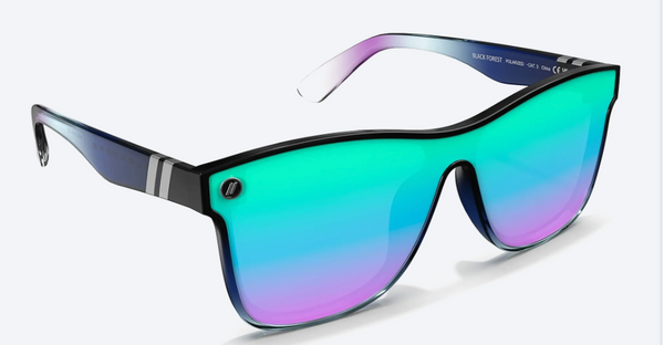 Sunglasses with a gradient blue to green lens on a white background