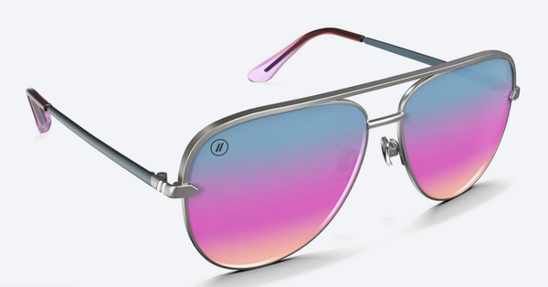 Aviator sunglasses with gradient pink and blue lenses on a white background