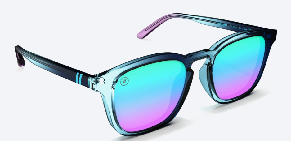 Sunglasses with gradient blue and pink lenses on a white background