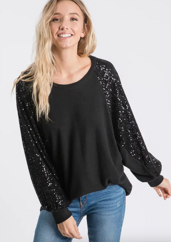 Sequin Bishop Sleeve Top Black