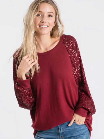 Sequin Bishop Sleeve Top Burgundy