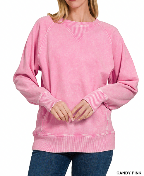 Washed Pullover Front Pockets Pink