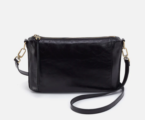 Black leather crossbody bag on a white background