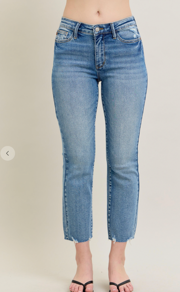 Judy Blue Mid Rise Raw Hem Kick Flare Crop Jeans