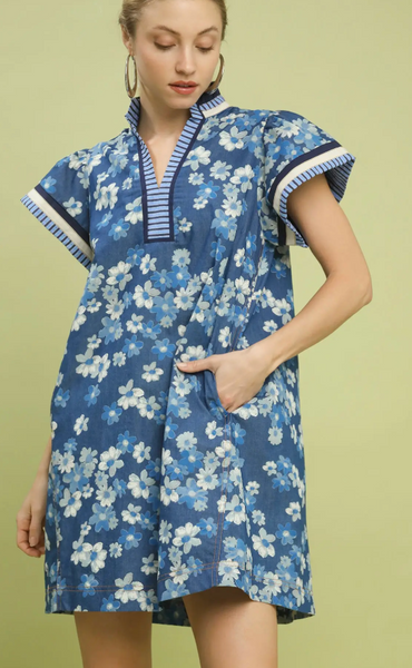 Indigo Floral Flutter Sleeve Shift Dress