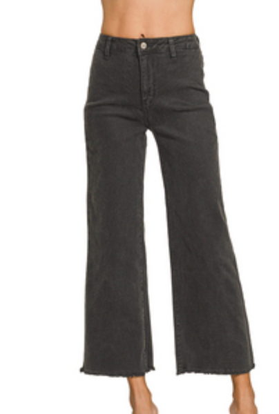 Black acid wash wide leg jeans with frayed cutoff hem