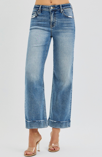 Risen women's medium wash mid rise cuffed straight leg jeans with cropped permanent cuff