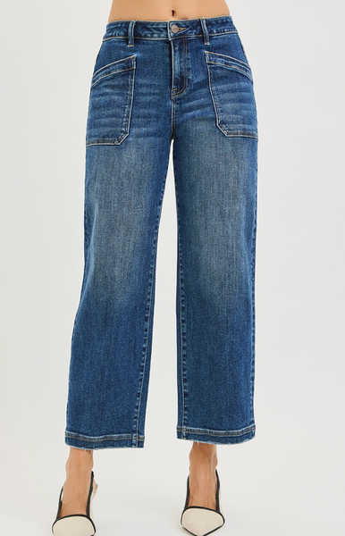 Risen Harper medium wash high rise slouchy cropped baggy jeans with front patch pockets