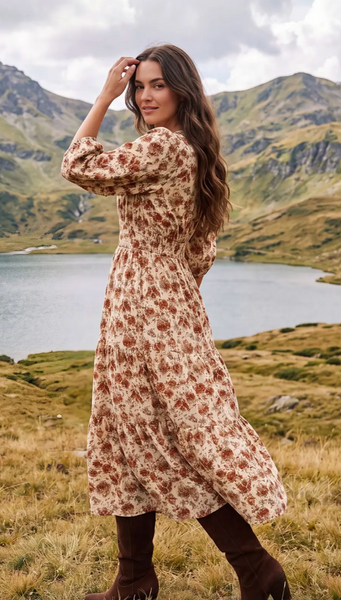 Cream & Rust Floral 3/4 Sleeve Midi Dress with Pockets