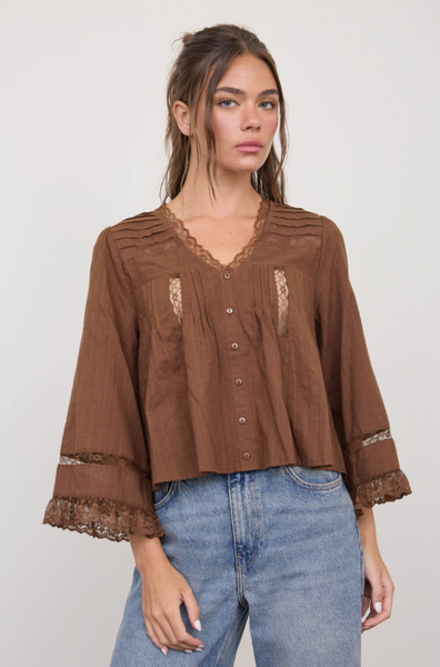 Vintage Boho Lace Trim Bell Sleeve Blouse