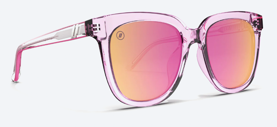 Pink sunglasses with a reflective lens on a white background