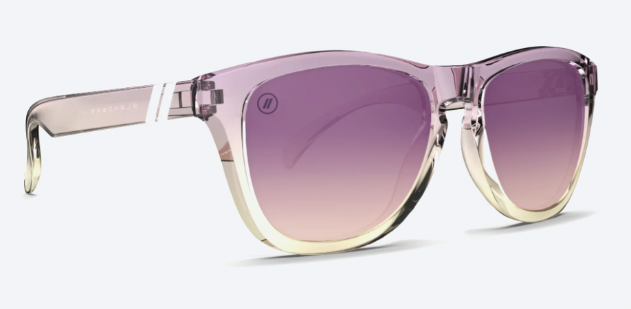 Sunglasses with a gradient purple lens on a white background