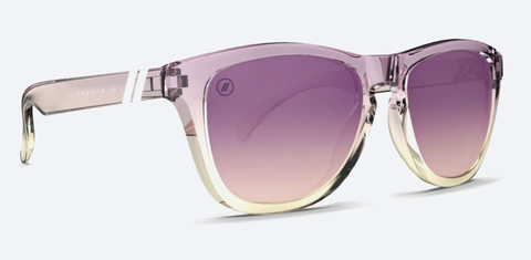 Sunglasses with a gradient purple lens on a white background
