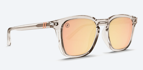 Sunglasses with clear frame and gold-tinted lenses on a white background