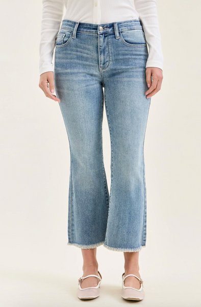 Judy Blue Mid Rise Fray Hem Kick Flare Denim Jeans