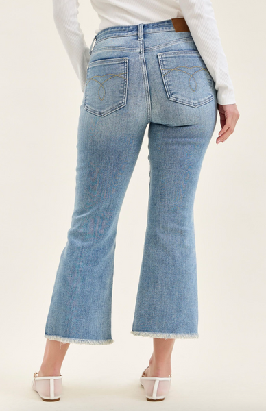 Judy Blue Mid Rise Fray Hem Kick Flare Denim Jeans